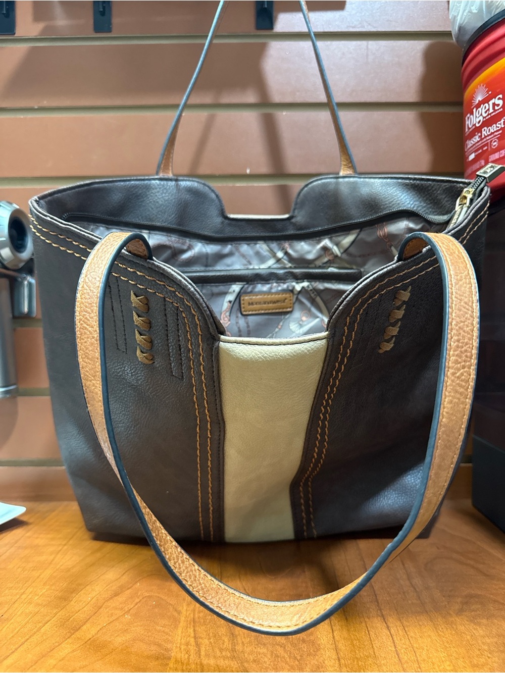 Montana West Brown & Cream Two-Tone Leather Tote - Picture 2 of 5